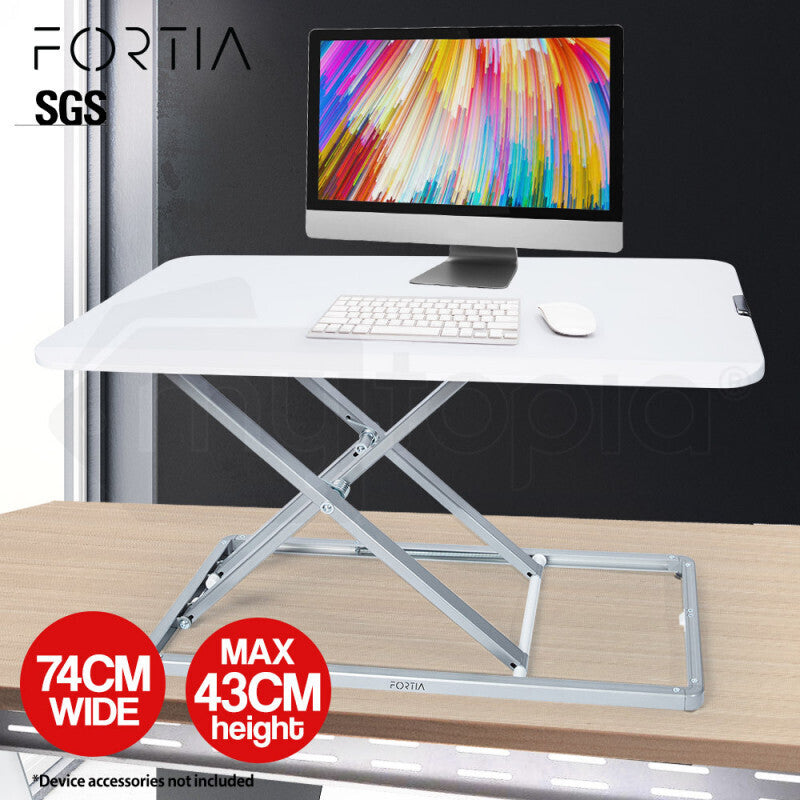 Fortia Desk Riser 74cm Wide Adjustable Sit to Stand for Dual Monitor, Keyboard, Laptop, White