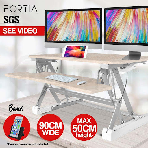 Fortia Desk Riser 90cm Wide Adjustable Sit to Stand for Dual Monitor, Keyboard, Laptop, Beech