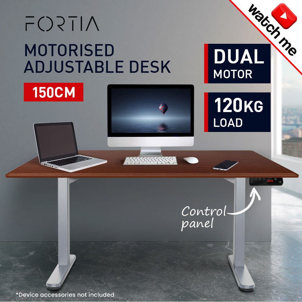 Fortia Sit To Stand Up Standing Desk, 150x70cm, 62-128cm Electric Height Adjustable, Dual Motor, 120kg Load, Walnut Style/Silver Frame