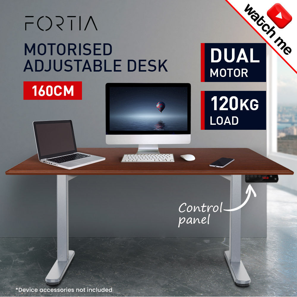 Fortia Sit To Stand Up Standing Desk, 160x75cm, 62-128cm Electric Height Adjustable, Dual Motor, 120kg Load, Walnut Style/Silver Frame