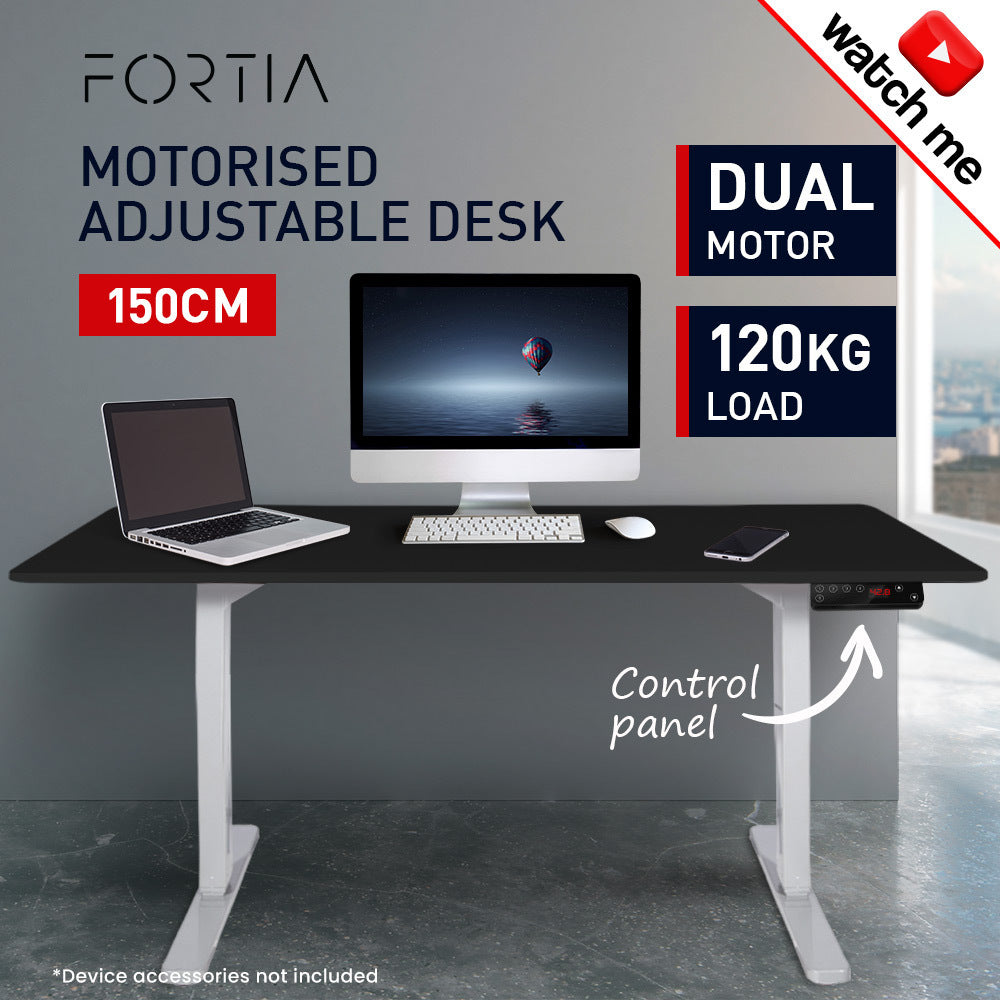 Fortia Sit To Stand Up Standing Desk, 150x70cm, 62-128cm Electric Height Adjustable, Dual Motor, 120kg Load, Black/White Frame