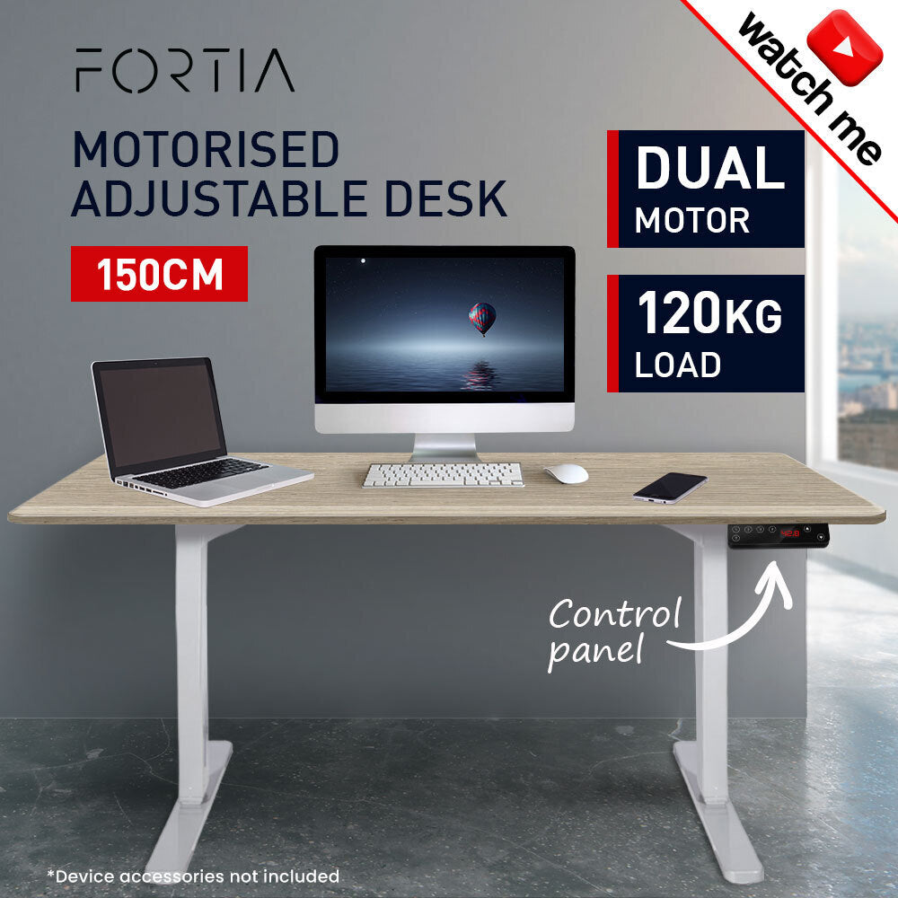 Fortia Sit To Stand Up Standing Desk, 150x70cm, 62-128cm Electric Height Adjustable, Dual Motor, 120kg Load, White Oak Style/White Frame