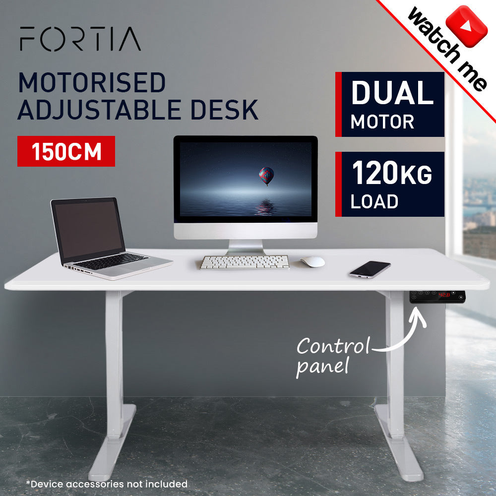 Fortia Sit To Stand Up Standing Desk, 150x70cm, 62-128cm Electric Height Adjustable, Dual Motor, 120kg Load, White/White Frame
