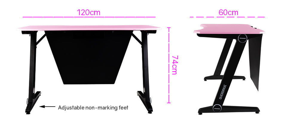 OVERDRIVE Gaming Desk Home Office Computer PC Table Z-Style Pink and Black, Cable Management