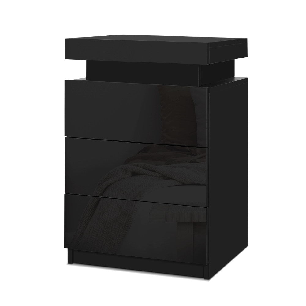 Artiss High Gloss 3 Drawers LED Bedside Table Black