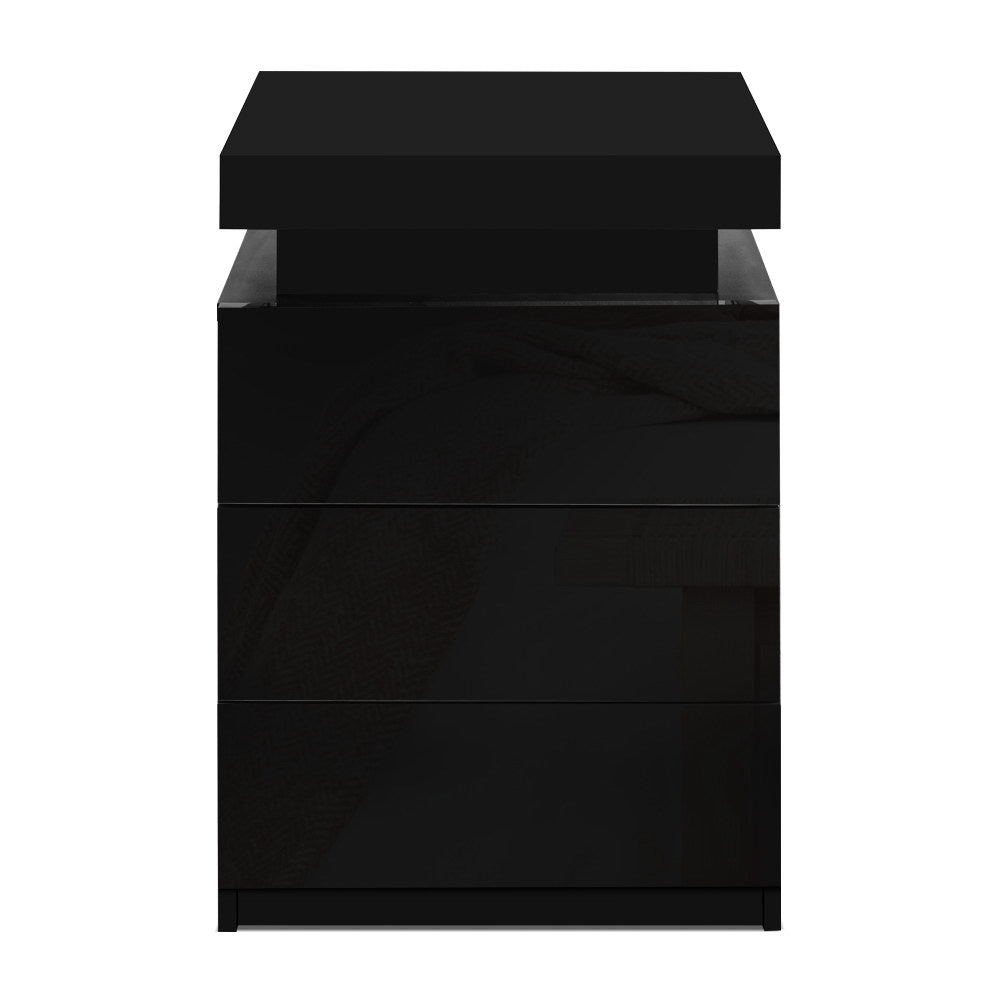 Artiss High Gloss 3 Drawers LED Bedside Table Black