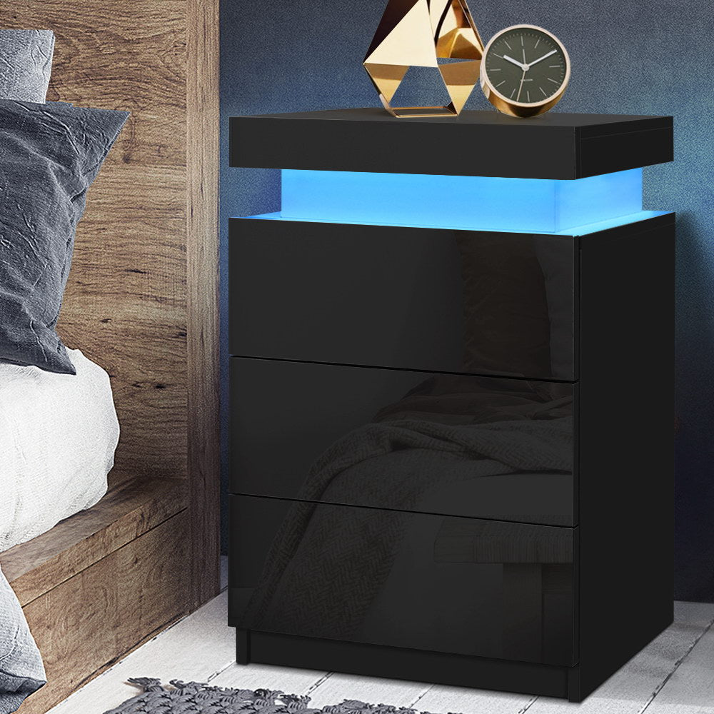 Artiss High Gloss 3 Drawers LED Bedside Table Black