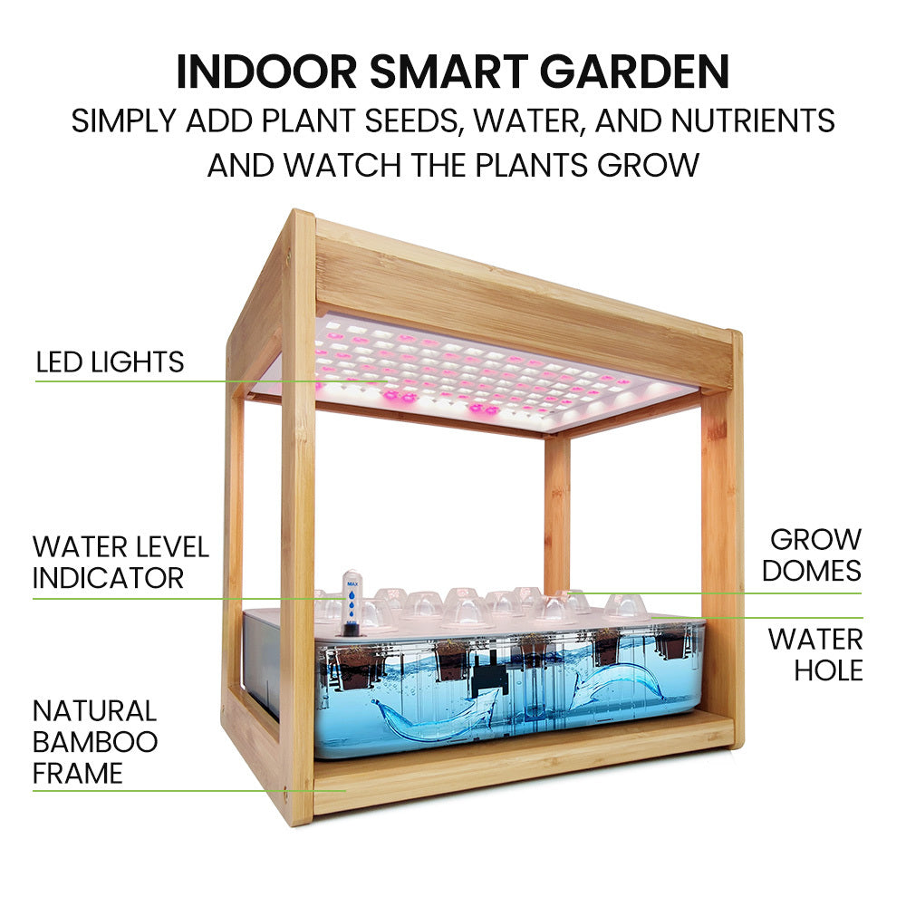 PLANTCRAFT 12 Pod Indoor Hydroponic Growing System with Bamboo Frame &amp; LED Lights