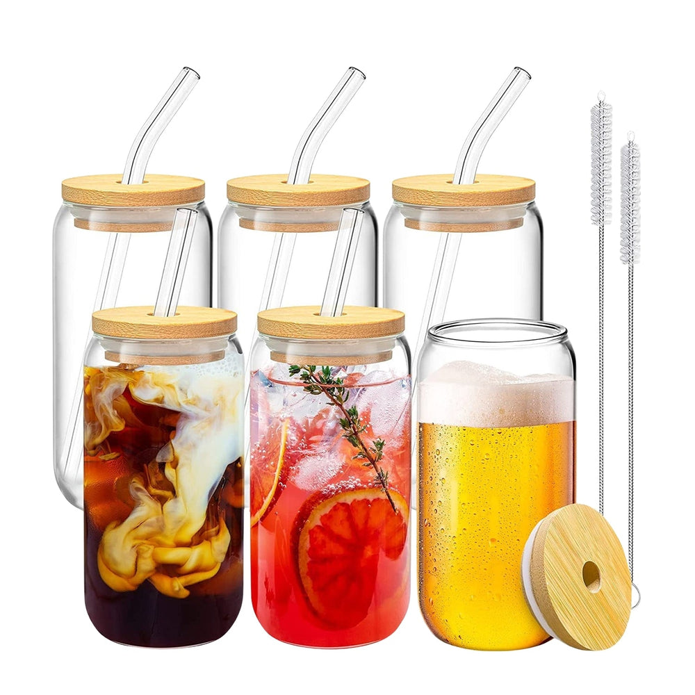 GOMINIMO 16Oz 6 Pieces Clear Drinking Glasses with Bamboo Lids and Glass Straw