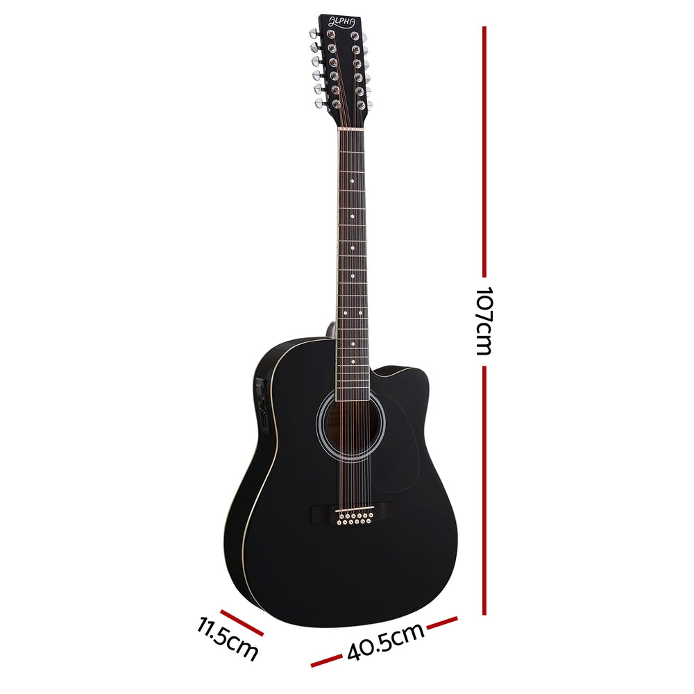 Alpha 42 Inch Acoustic Guitar 12 Strings with Equaliser Electric Output Black