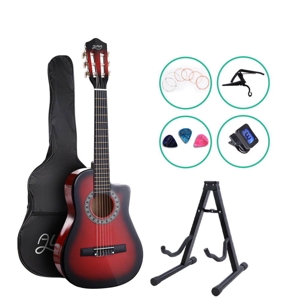 Alpha 34 Inch Kids Acoustic Guitar Red with Capo