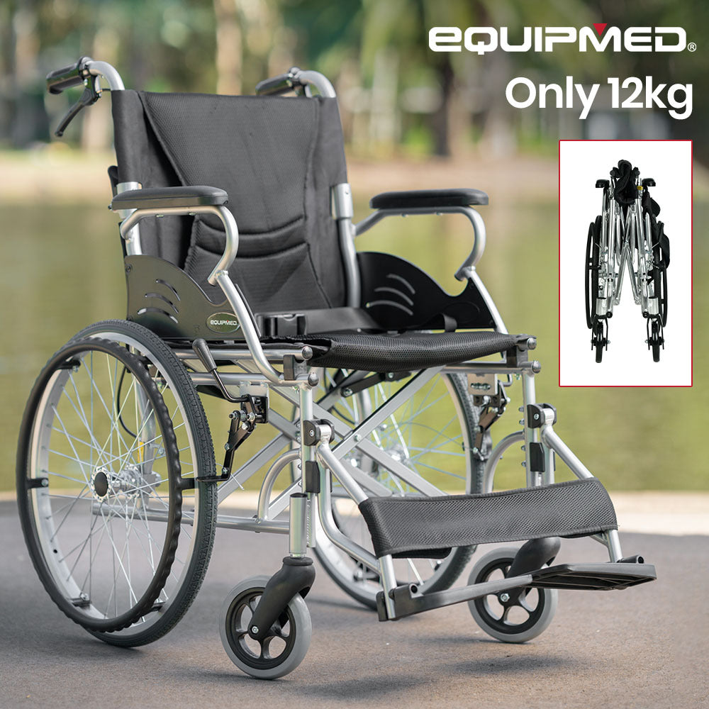 EQUIPMED 20 Inch Folding Wheelchair Lightweight Aluminium Portable with Park Brakes, Black