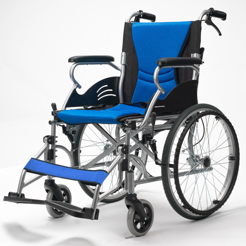 EQUIPMED Folding Aluminium Wheelchair, 20&quot; Wheels, Park Brakes, 100kg Capacity, Blue