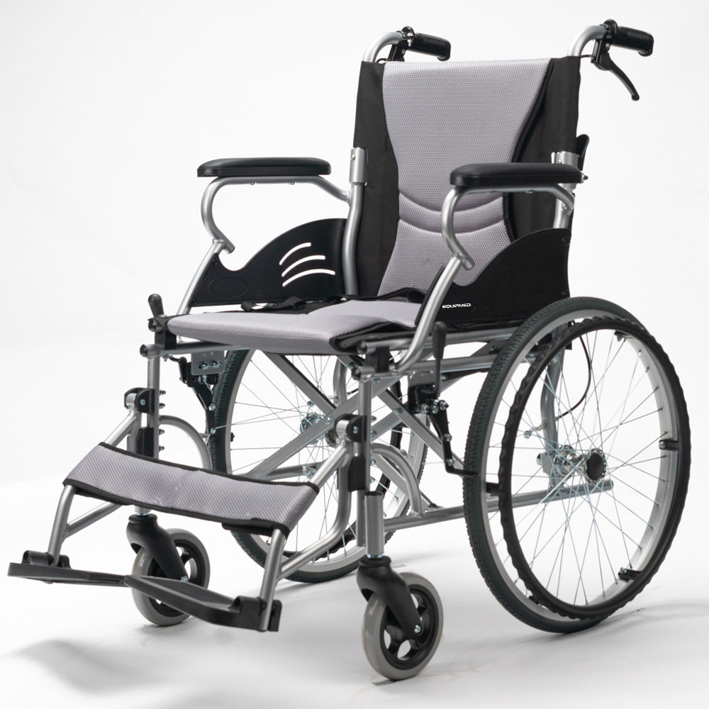 EQUIPMED Folding Aluminium Wheelchair, 20&quot; Wheels, Park Brakes, 100kg Capacity, Grey/Black