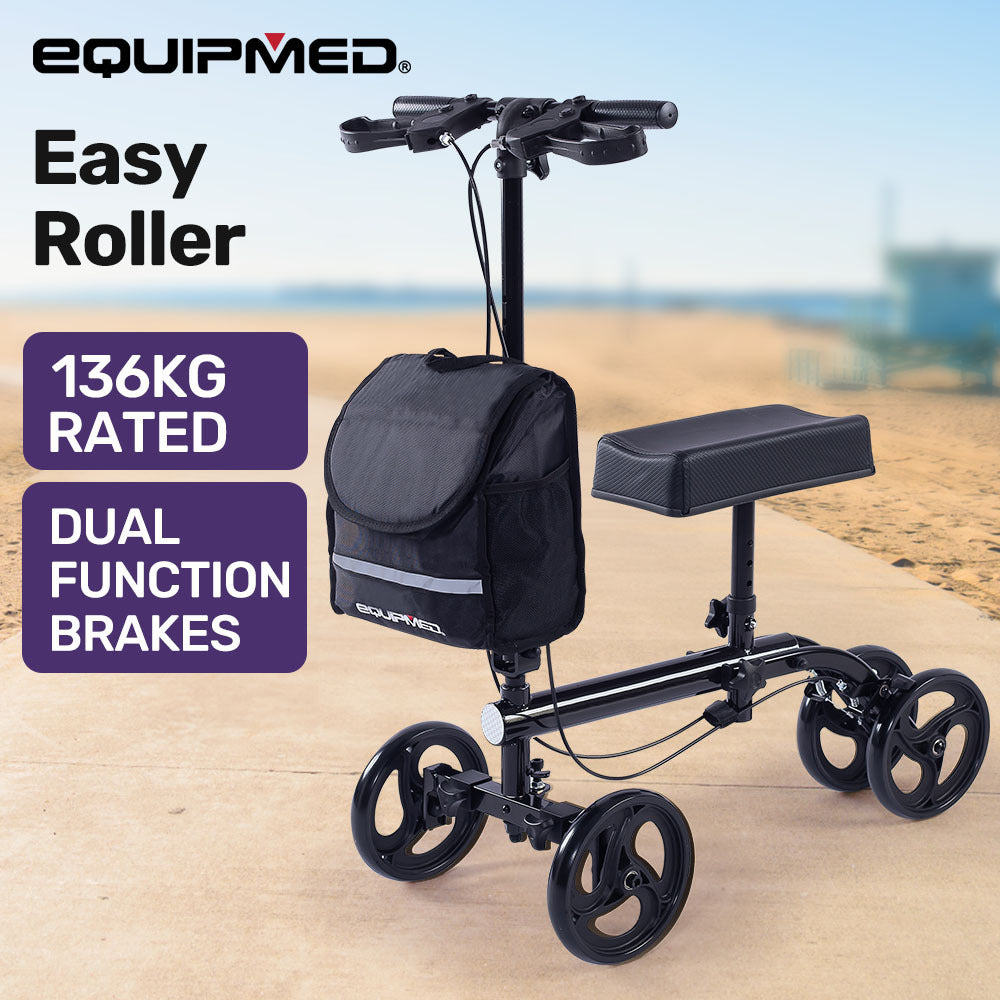 Equipmed Knee Scooter Walker, Dual Brakes - Bag - Broken Leg Ankle Foot Mobility - Crutches Alternative - Black