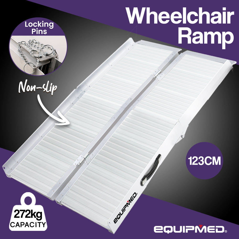 EQUIPMED 123cm Portable Folding Aluminium Access Ramp 272kg Rated, Silver, for Wheelchair, Mobility Scooter