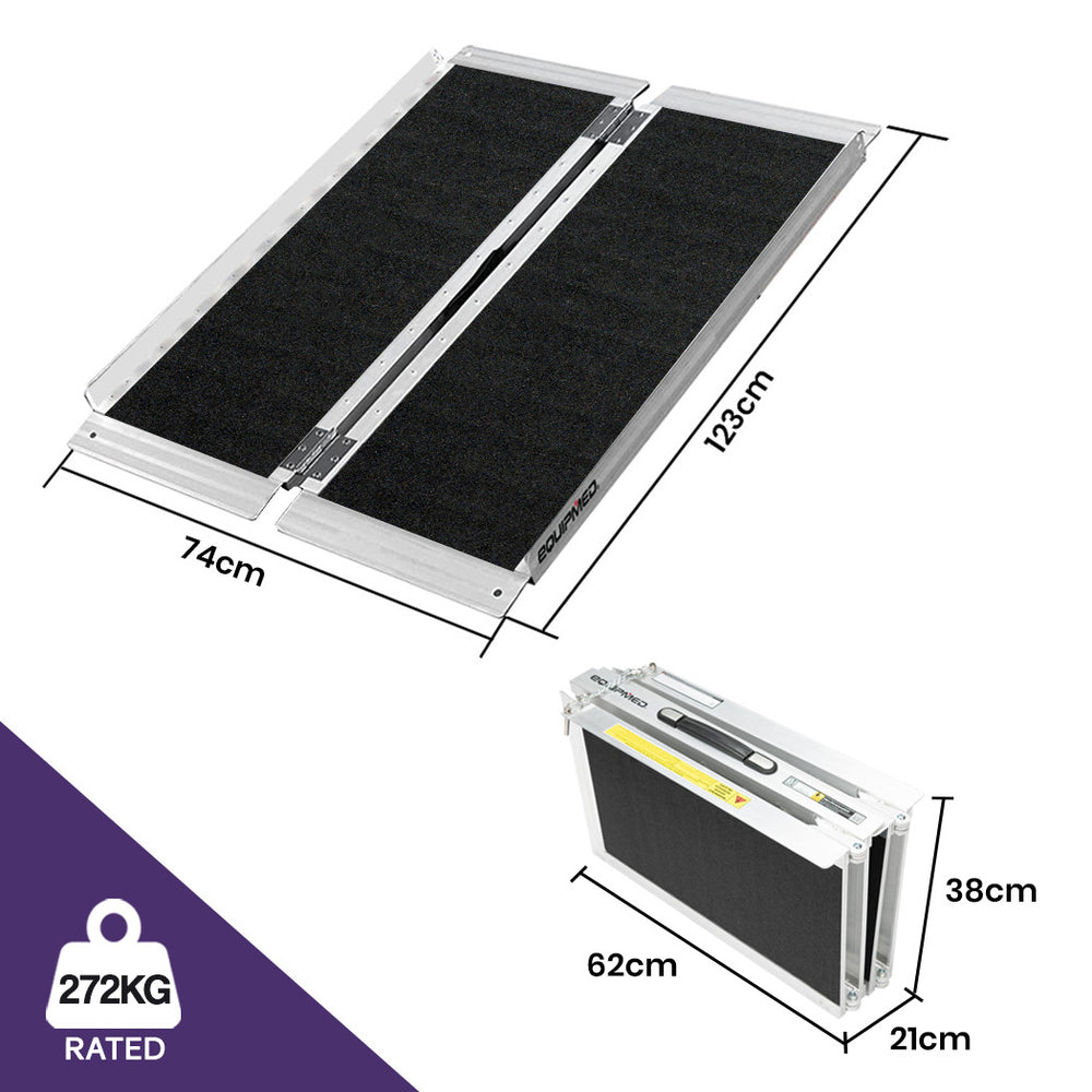 Equipmed 123cm Portable Folding Aluminium Access Ramp, 272kg Rated, Black Ultra-Grip, for Wheelchair, Mobility Scooter