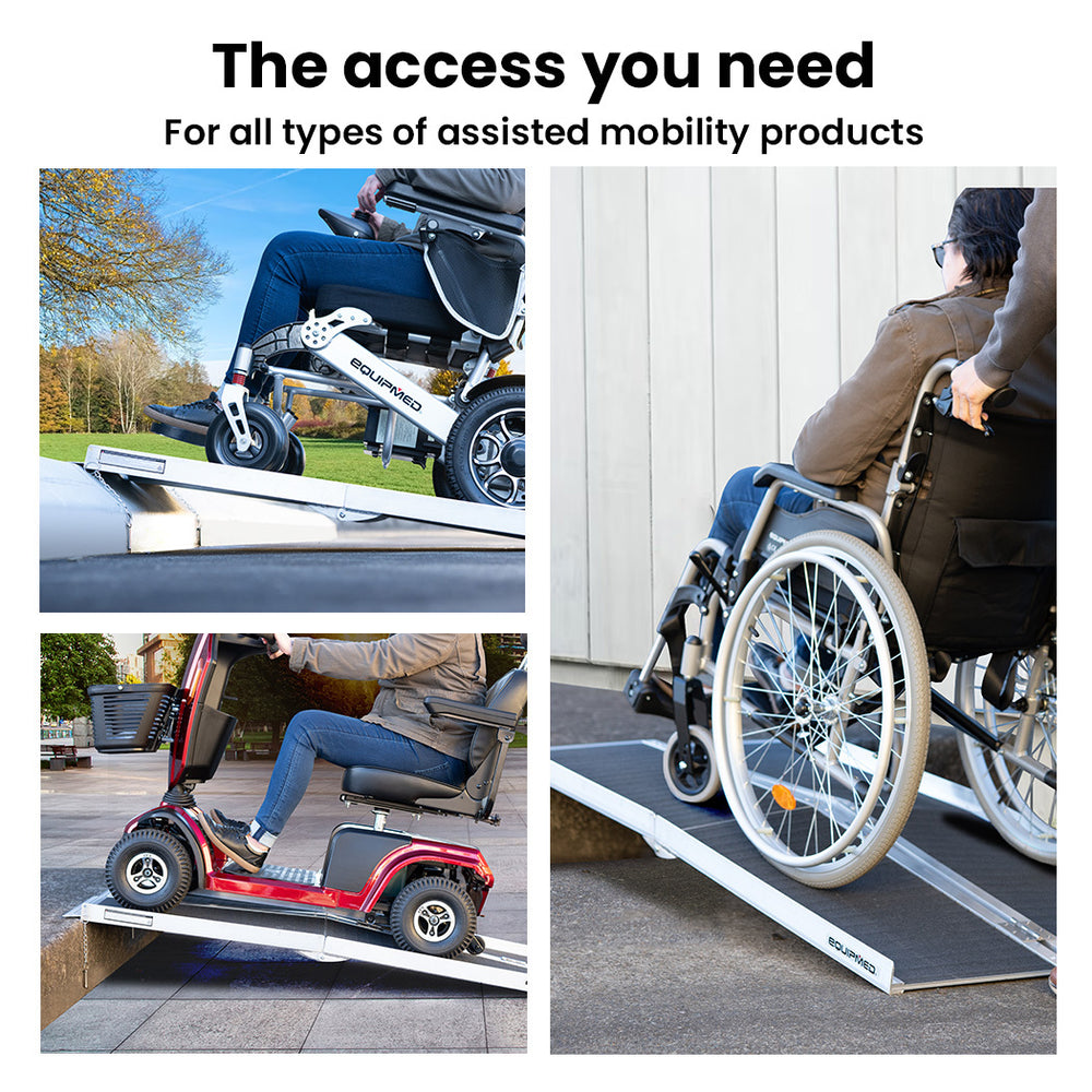 Equipmed 123cm Portable Folding Aluminium Access Ramp, 272kg Rated, Black Ultra-Grip, for Wheelchair, Mobility Scooter