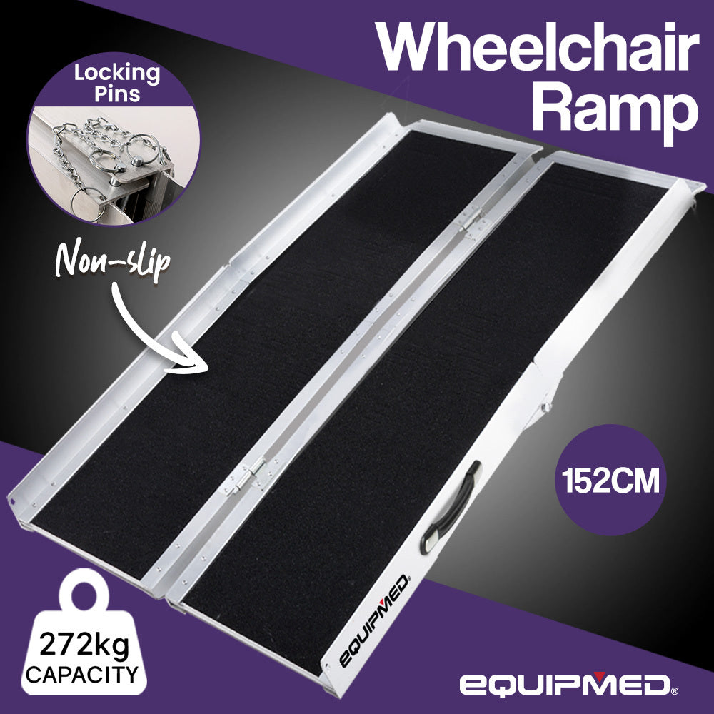 EQUIPMED 152cm Portable Folding Aluminium Access Ramp 272kg Rated, Black Ultra-Grip, for Wheelchair, Mobility Scooter