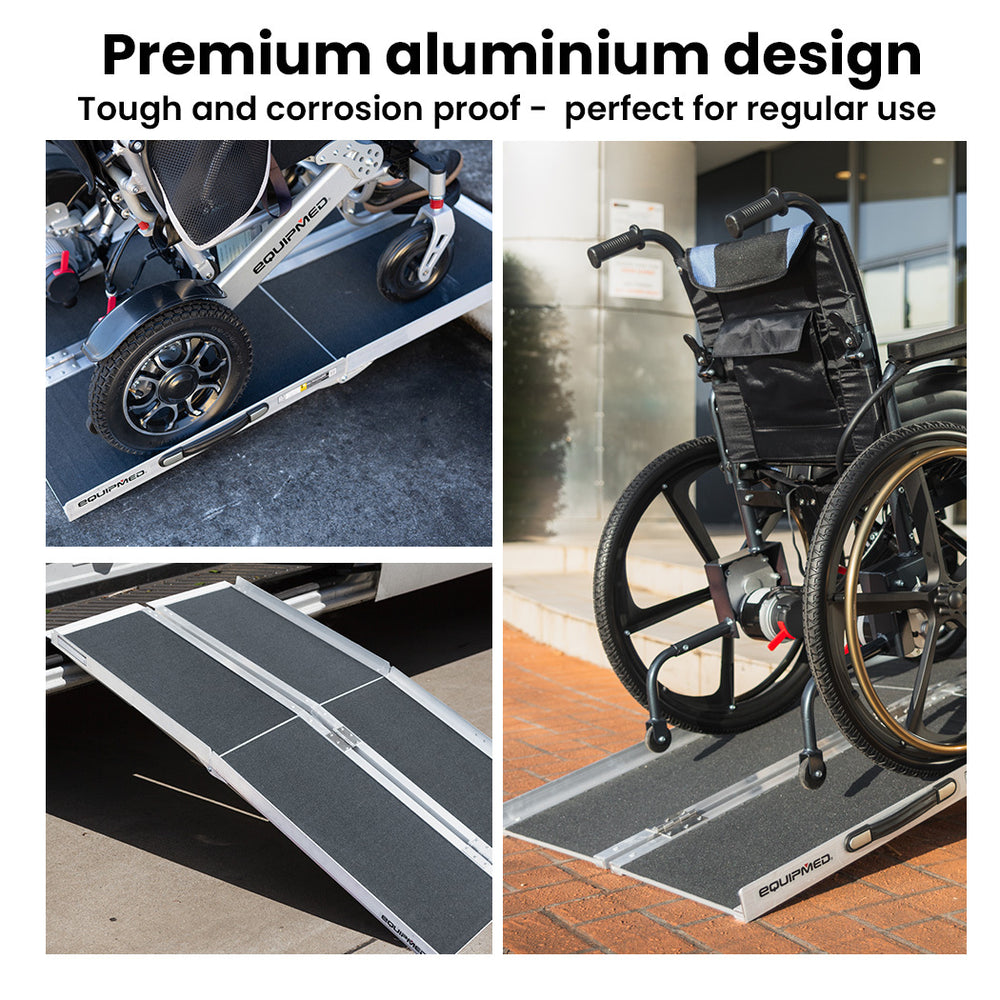 EQUIPMED 152cm Portable Folding Aluminium Access Ramp 272kg Rated, Black Ultra-Grip, for Wheelchair, Mobility Scooter