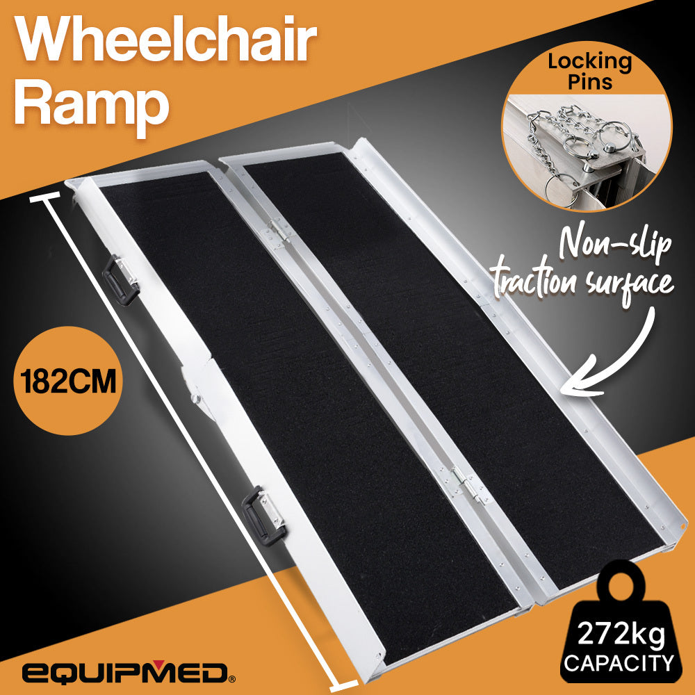 EQUIPMED 182cm Portable Folding Aluminium Access Ramp, 272kg Rated, Black Ultra-Grip, for Wheelchair, Mobility Scooter