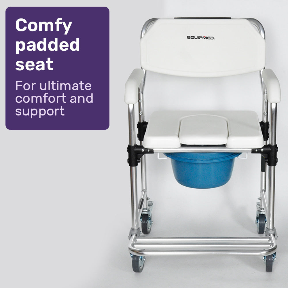 Equipmed Commode Shower Chair, Over Toilet or Bedside 136kg Capacity Aluminium frame with Wheels, White/Blue