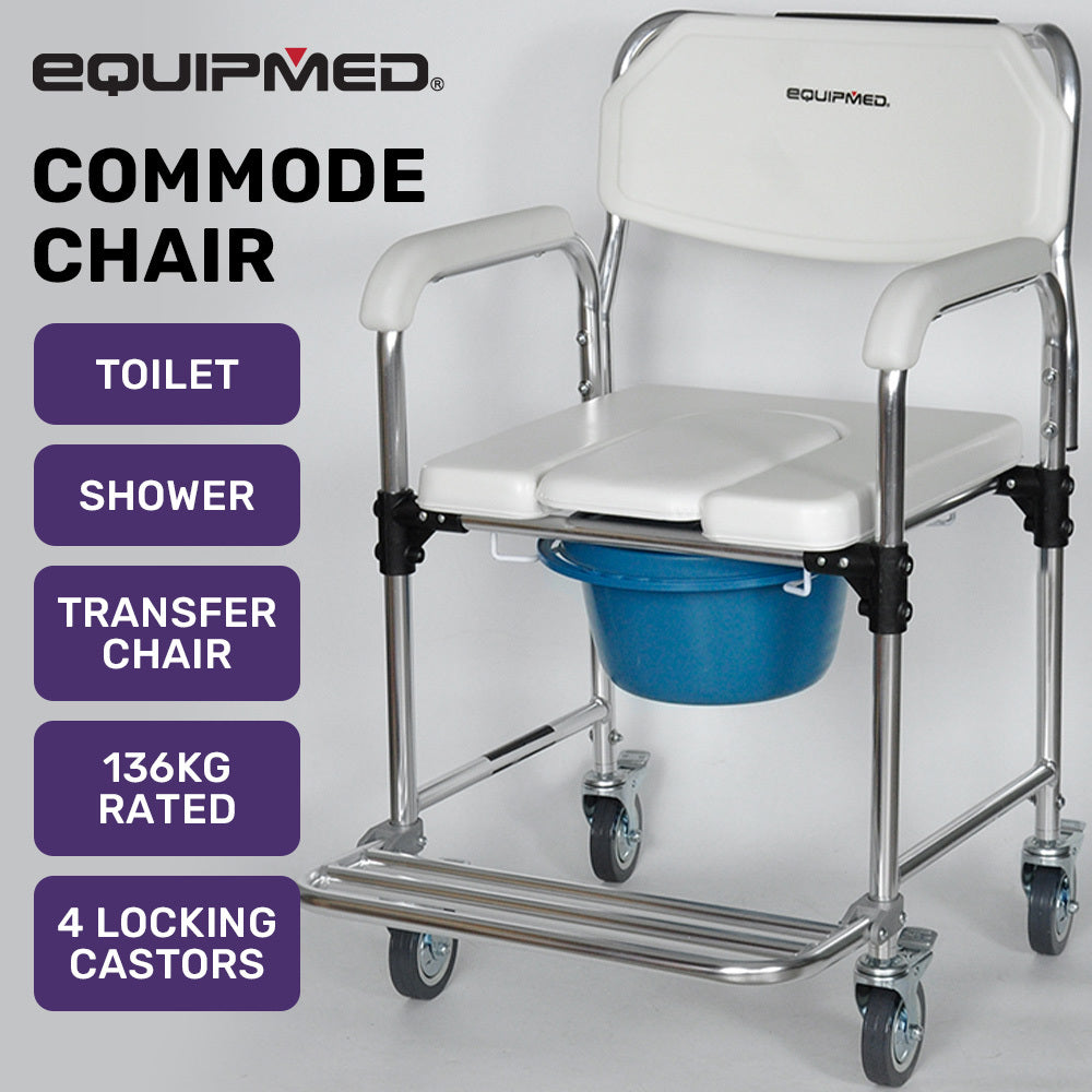 Equipmed Commode Shower Chair, Over Toilet or Bedside 136kg Capacity Aluminium frame with Wheels, White/Blue