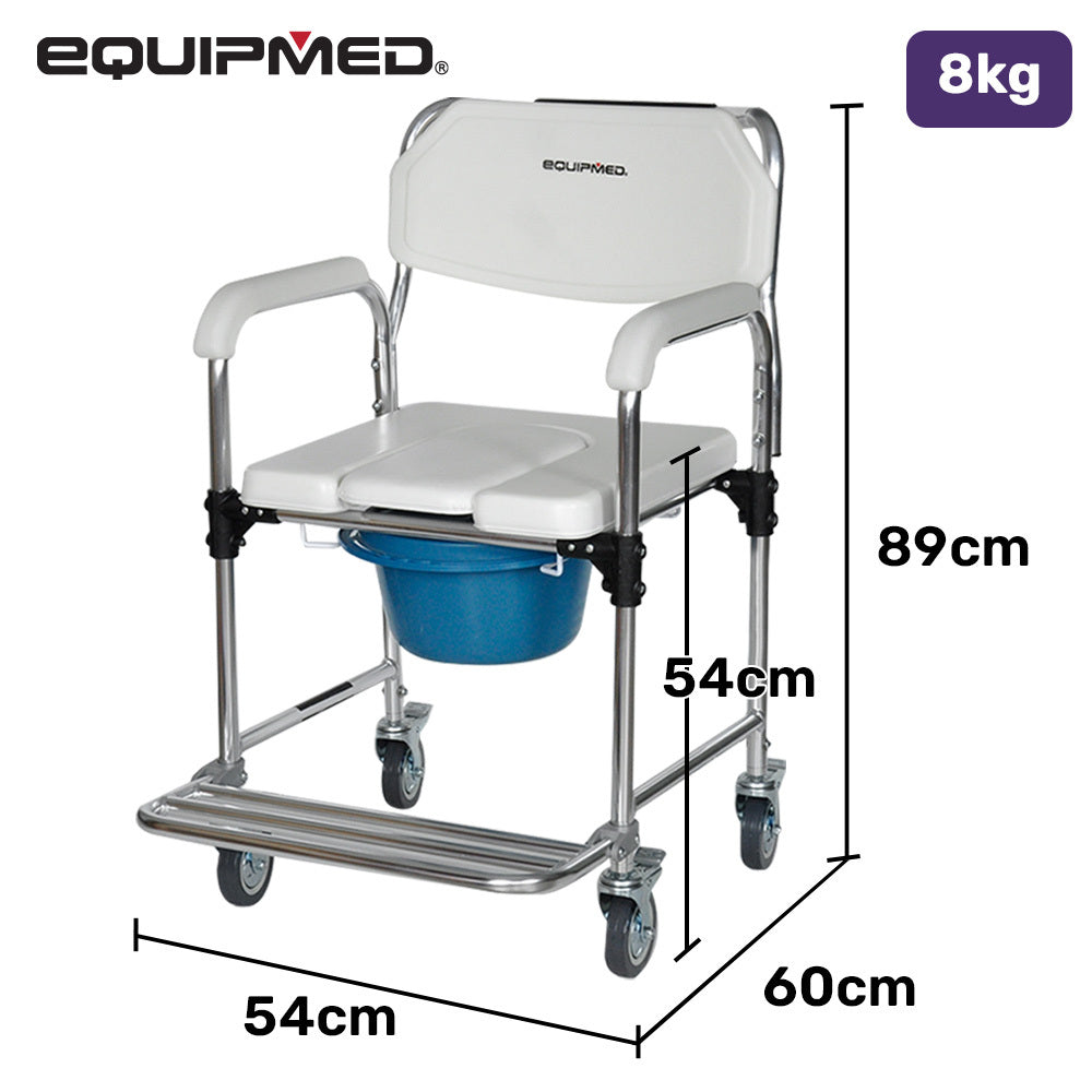 Equipmed Commode Shower Chair, Over Toilet or Bedside 136kg Capacity Aluminium frame with Wheels, White/Blue