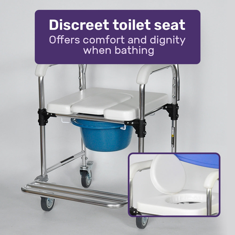 Equipmed Commode Shower Chair, Over Toilet or Bedside 136kg Capacity Aluminium frame with Wheels, White/Blue