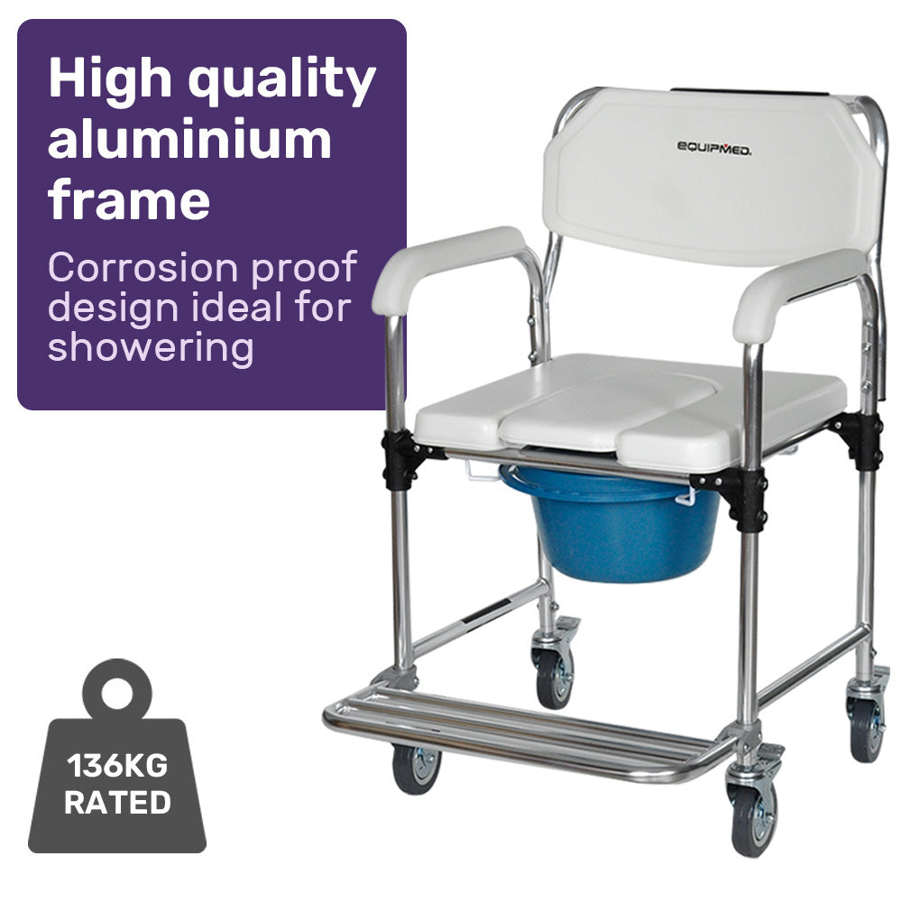 Equipmed Commode Shower Chair, Over Toilet or Bedside 136kg Capacity Aluminium frame with Wheels, White/Blue