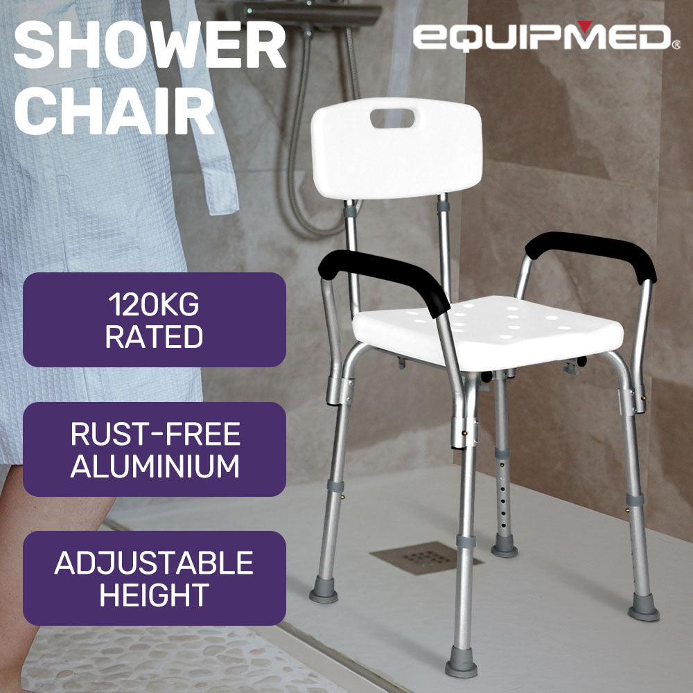 EQUIPMED Shower Chair Bath Seat 120kg Capacity, with Arms, Adjustable Height, for Elderly, White