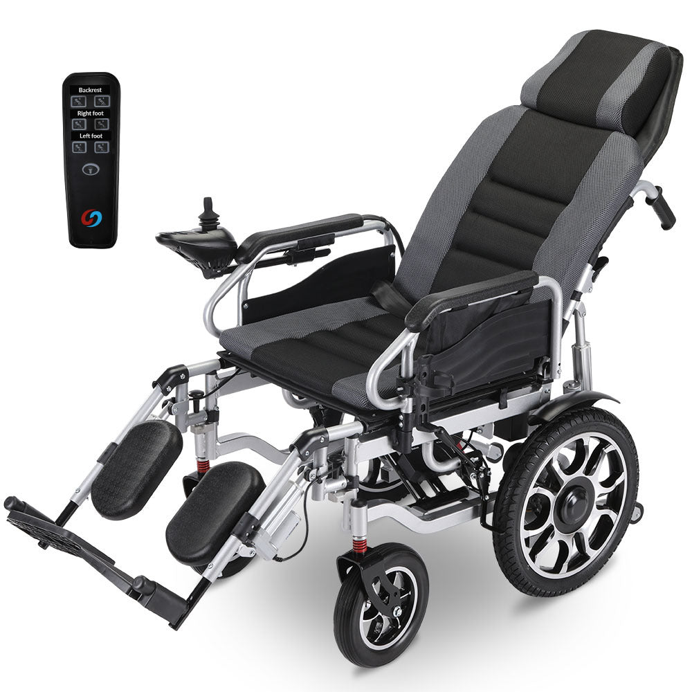 EQUIPMED Power Electric Wheelchair, Long Range, Auto Recline, Lithium Battery, 16&quot; Rear Wheels, Headrest, Folding, Grey/Black