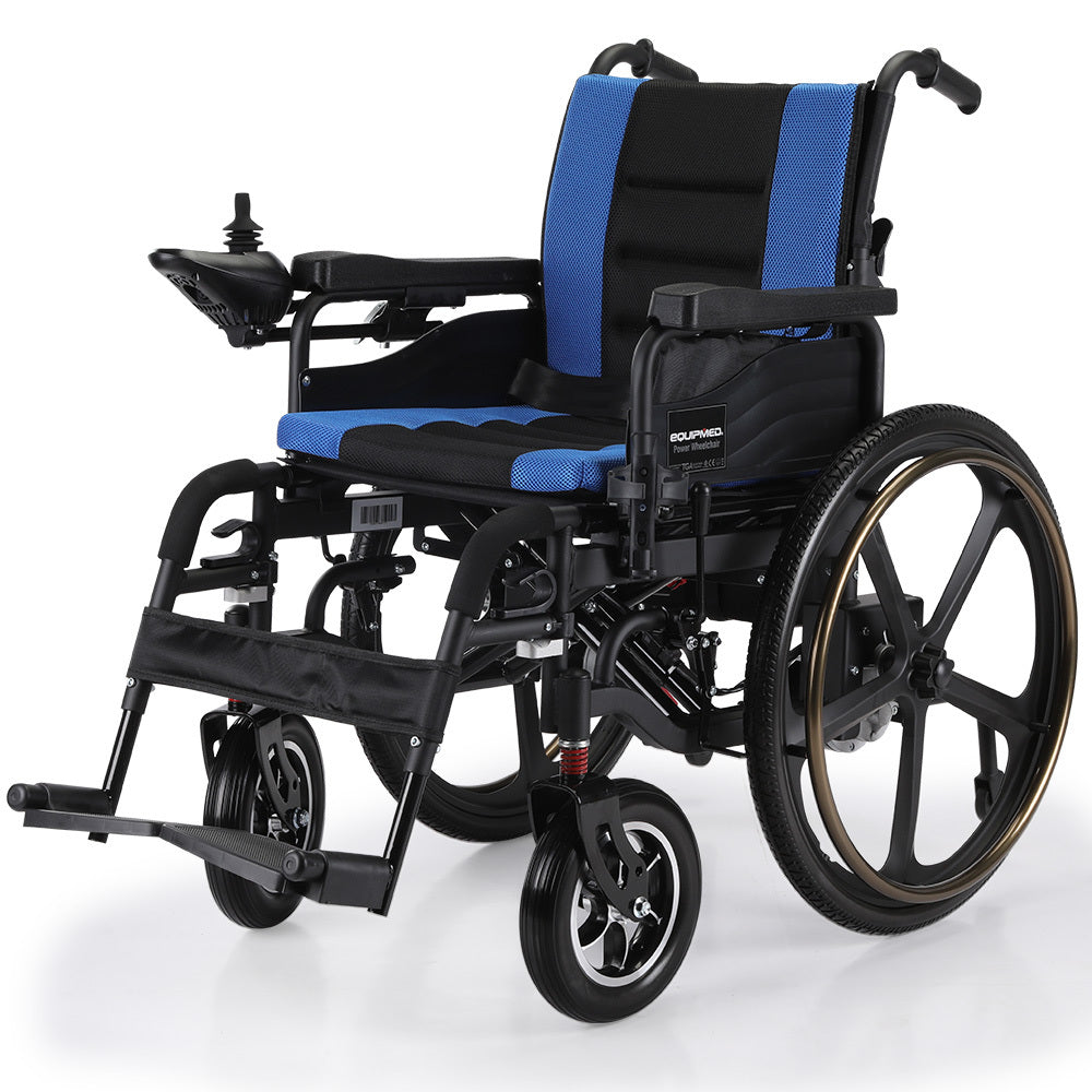 EQUIPMED Electric Wheelchair Folding, Long Range, Folding, Lithium Battery, 24&quot; Light Rear Wheels, Matte Black/Blue