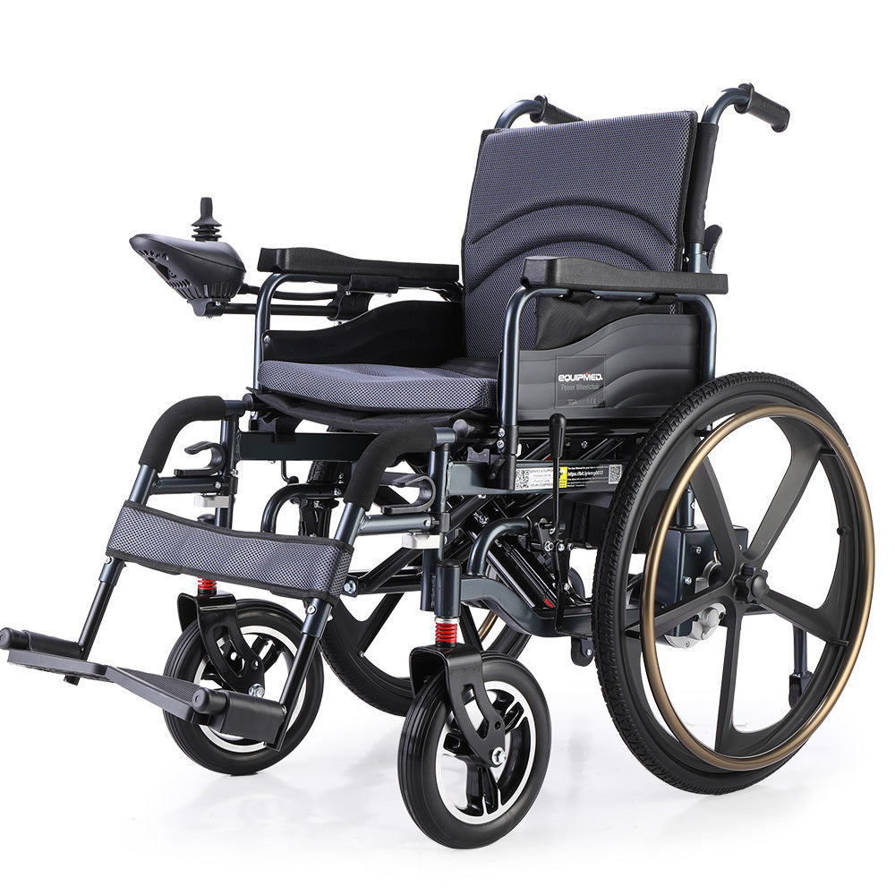 EQUIPMED Electric Wheelchair Folding, Folding, Long Range, Lithium Battery, 24&quot; Rear Wheels, Black