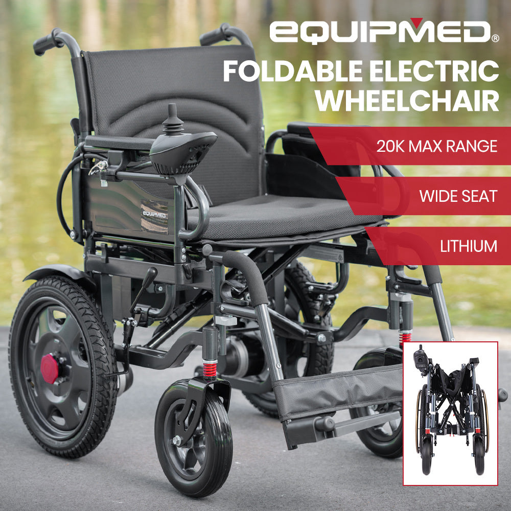 EQUIPMED Electric Folding Wheelchair, Wide Bariatric Chair Seat, Comfortable for S-XL, Long Range, Lithium Battery, Black