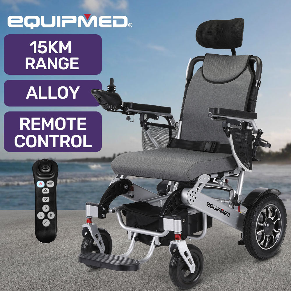 EQUIPMED Power Electric Wheelchair, Long Range, Alloy, Remote Control, Lithium Battery, Black/Silver