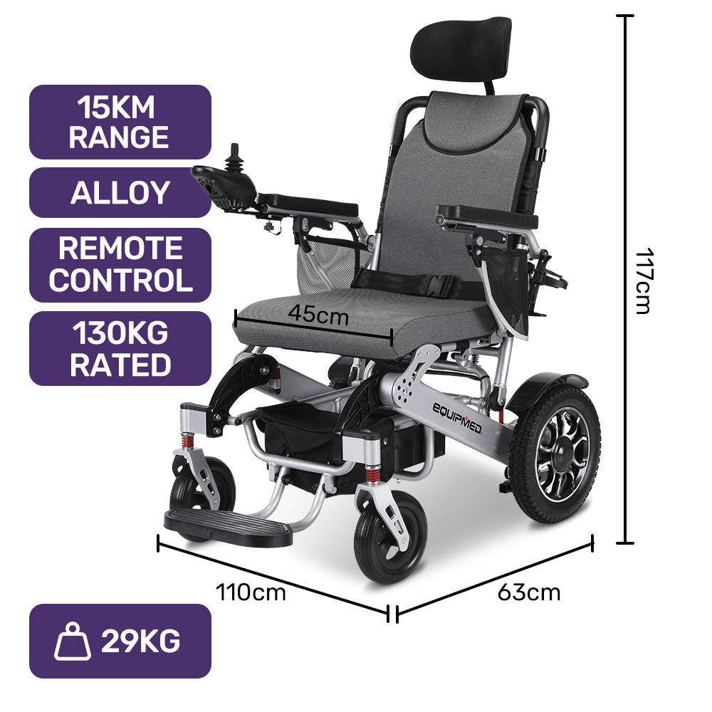 EQUIPMED Power Electric Wheelchair, Long Range, Alloy, Remote Control, Lithium Battery, Black/Silver