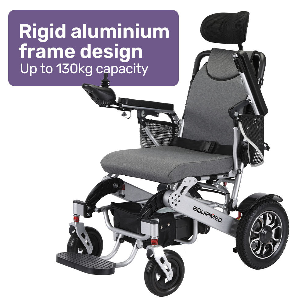 EQUIPMED Power Electric Wheelchair, Long Range, Alloy, Remote Control, Lithium Battery, Black/Silver