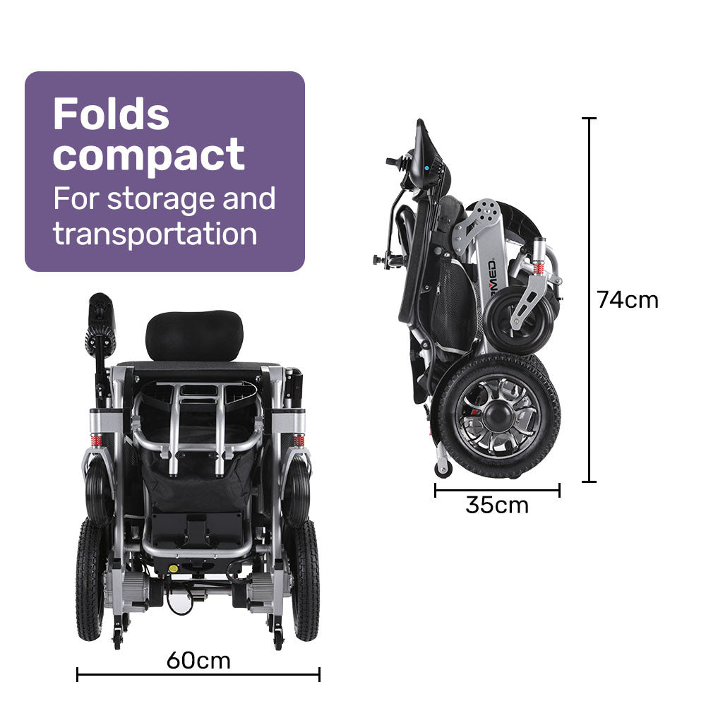 EQUIPMED Power Electric Wheelchair, Long Range, Alloy, Remote Control, Lithium Battery, Black/Silver