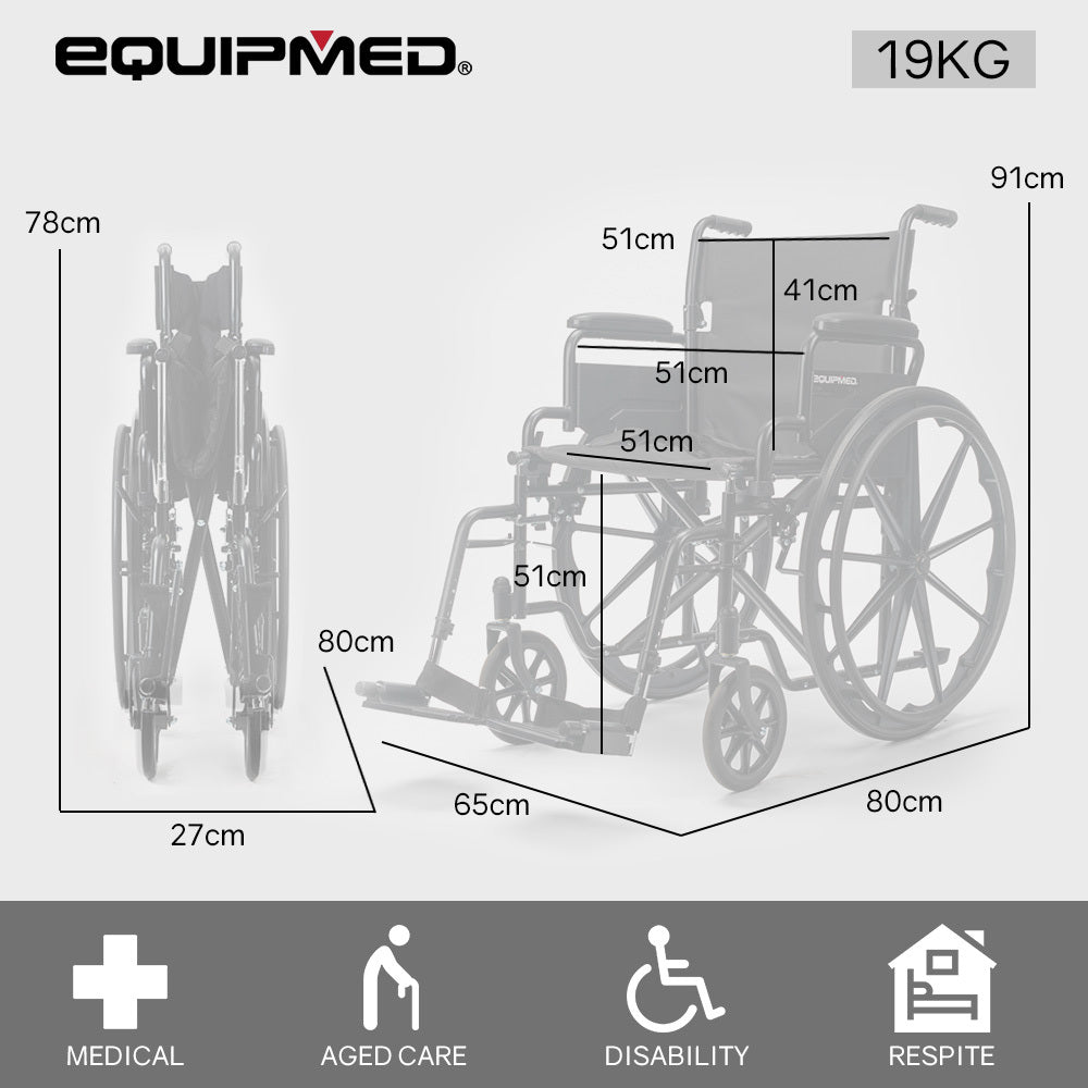 Equipmed 24 Inch Folding Wheelchair, XL Wide Design, 136kg Capacity, Park Brakes, Retractable Armrests, Dark Grey Hammertone