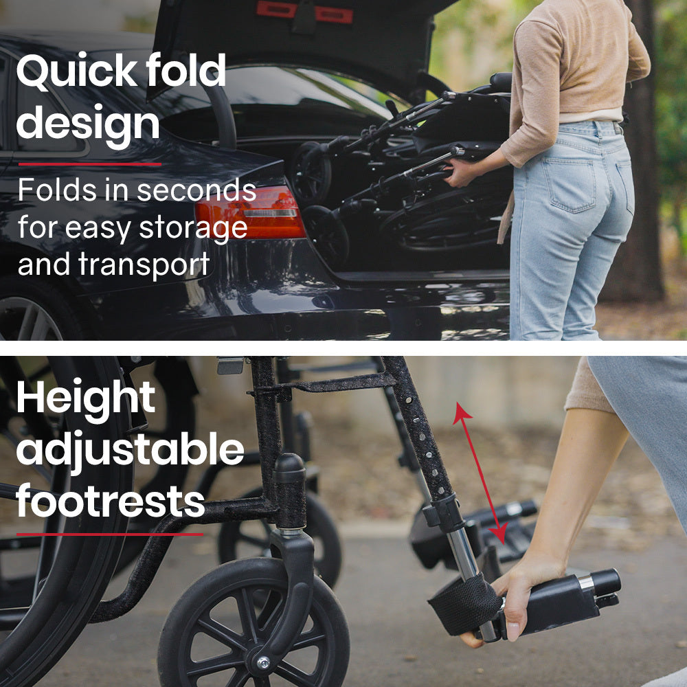 Equipmed 24 Inch Folding Wheelchair, XL Wide Design, 136kg Capacity, Park Brakes, Retractable Armrests, Dark Grey Hammertone