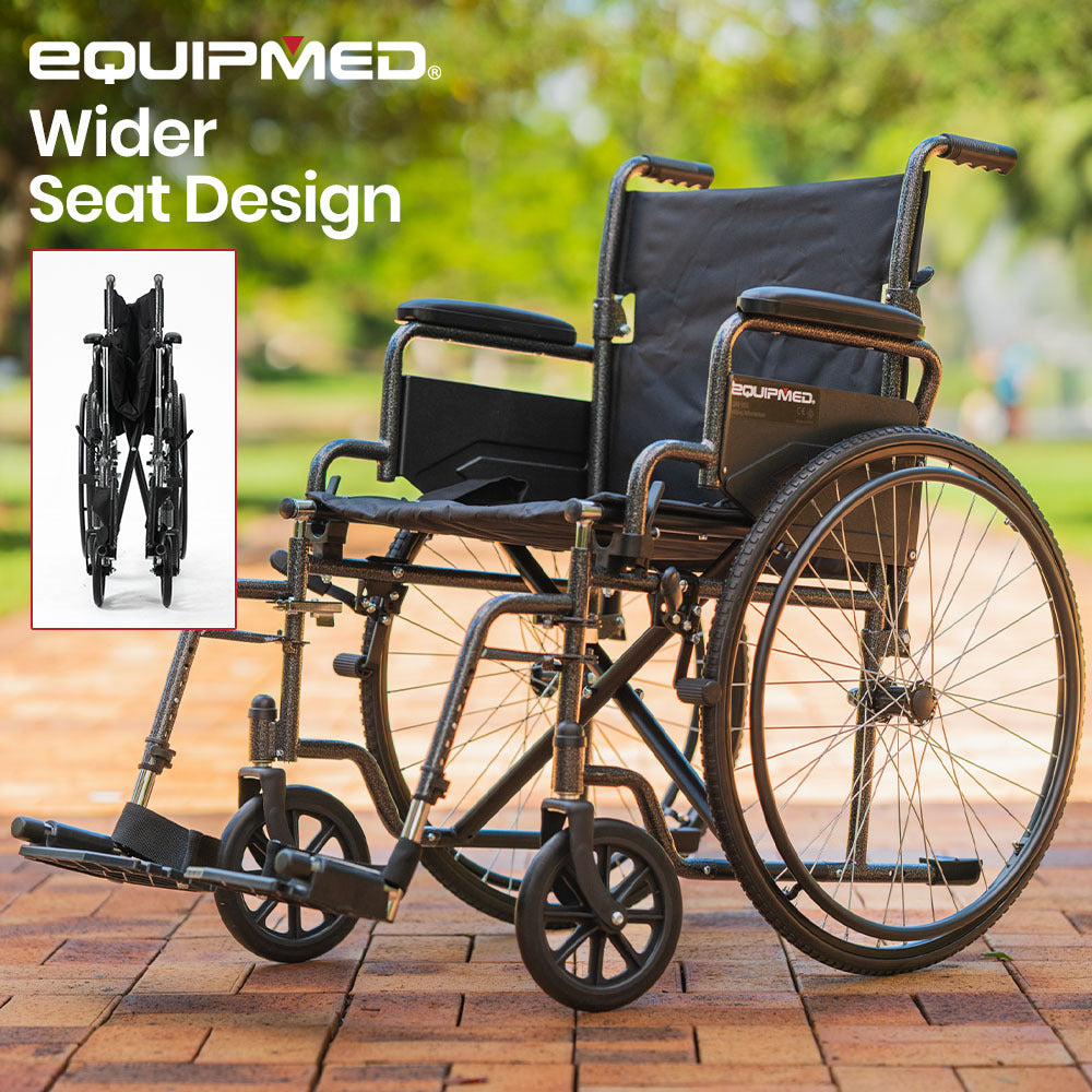 Equipmed 24 Inch Folding Wheelchair, XL Wide Design, 136kg Capacity, Park Brakes, Retractable Armrests, Dark Grey Hammertone