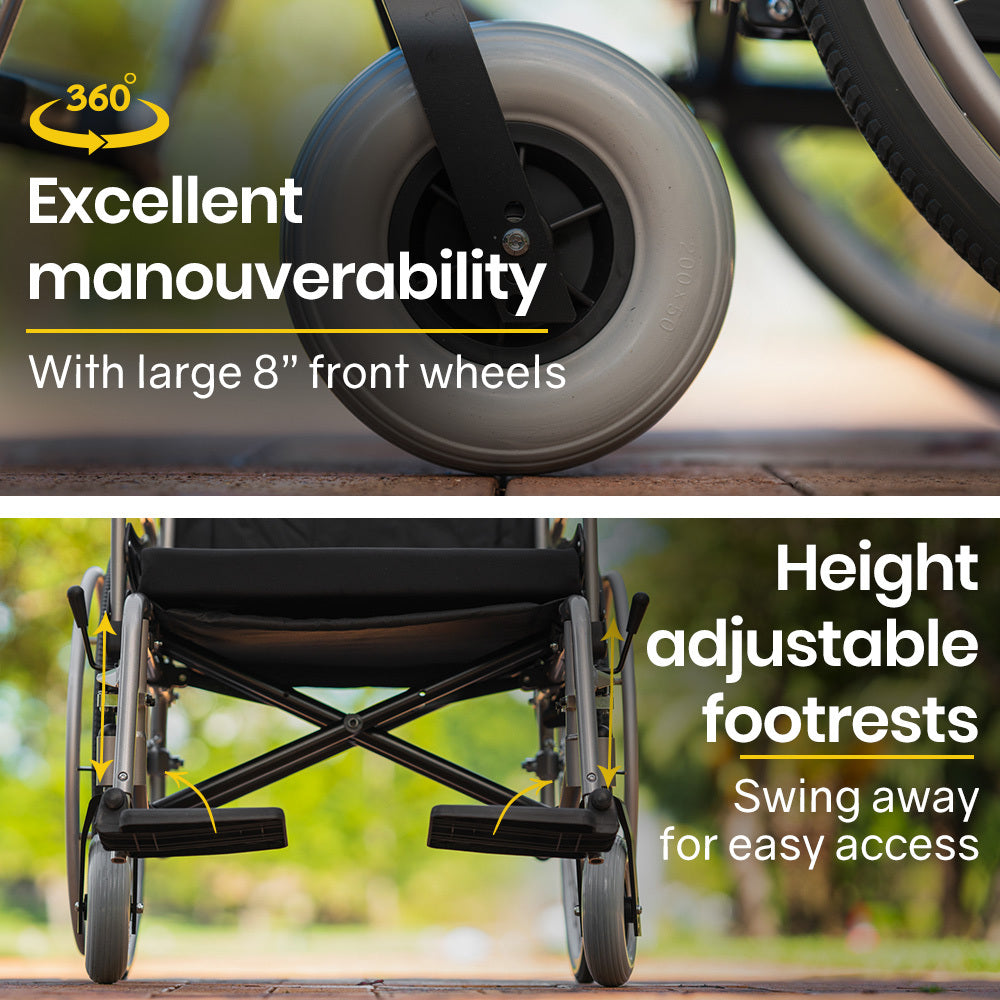 Equipmed Folding Wheelchair XXL Extra-Wide Bariatric Seat , Aluminium Frame, 150kg Capacity, 24 Inch Wheels, Park Brakes, Black