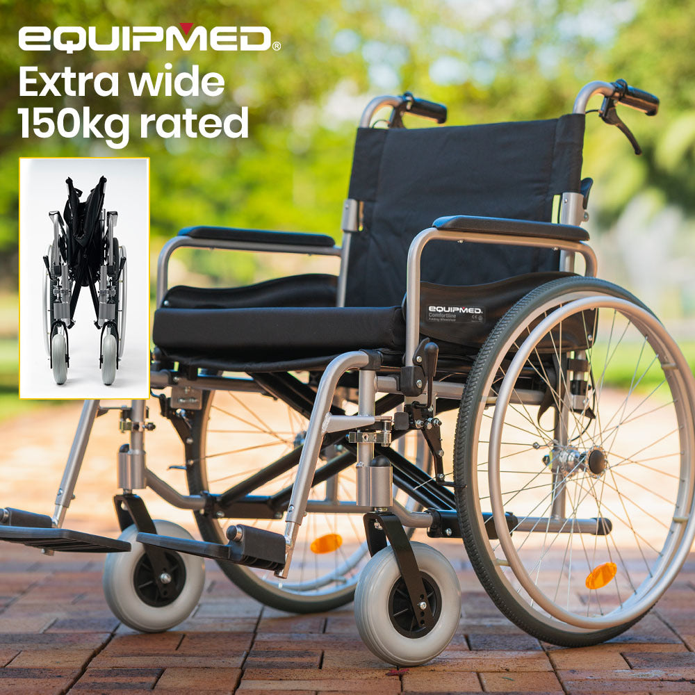 Equipmed Folding Wheelchair XXL Extra-Wide Bariatric Seat , Aluminium Frame, 150kg Capacity, 24 Inch Wheels, Park Brakes, Black