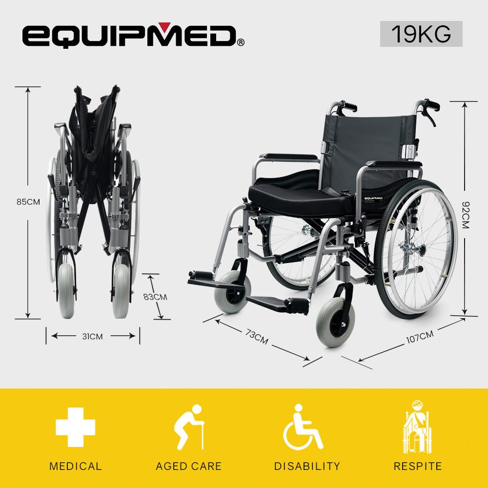 Equipmed Folding Wheelchair XXL Extra-Wide Bariatric Seat , Aluminium Frame, 150kg Capacity, 24 Inch Wheels, Park Brakes, Black