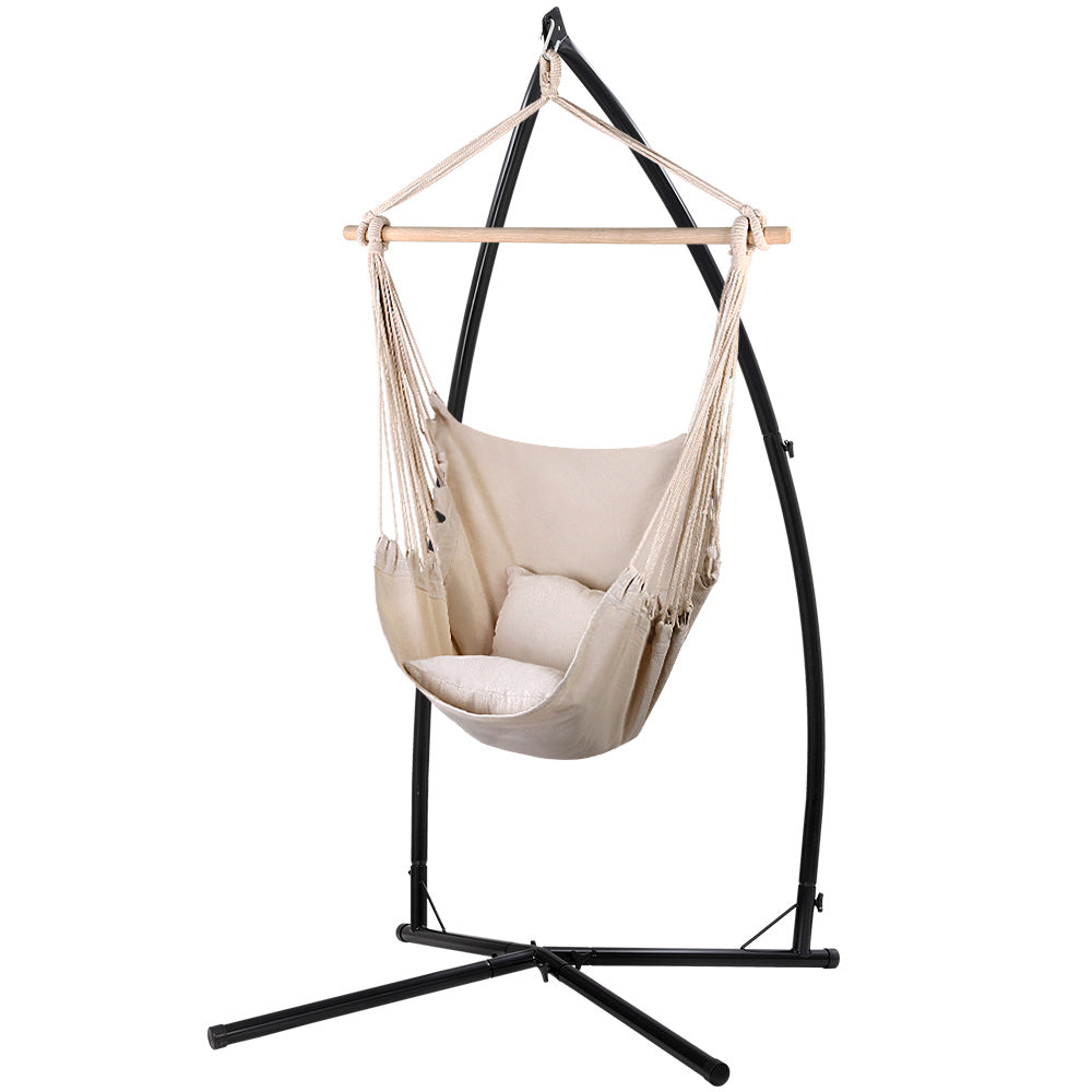 Gardeon Outdoor Hammock Chair with Stand and Pillow - Cream