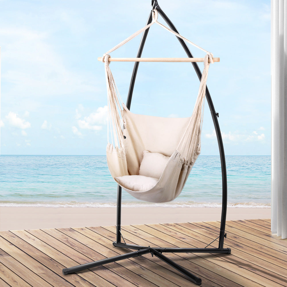 Gardeon Outdoor Hammock Chair with Stand and Pillow - Cream