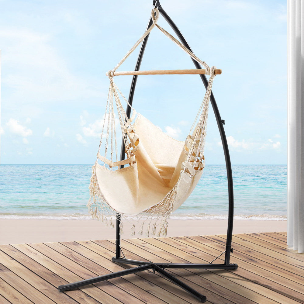 Gardeon Hammock Chair with Stand Tassel Hanging Rope - Grey