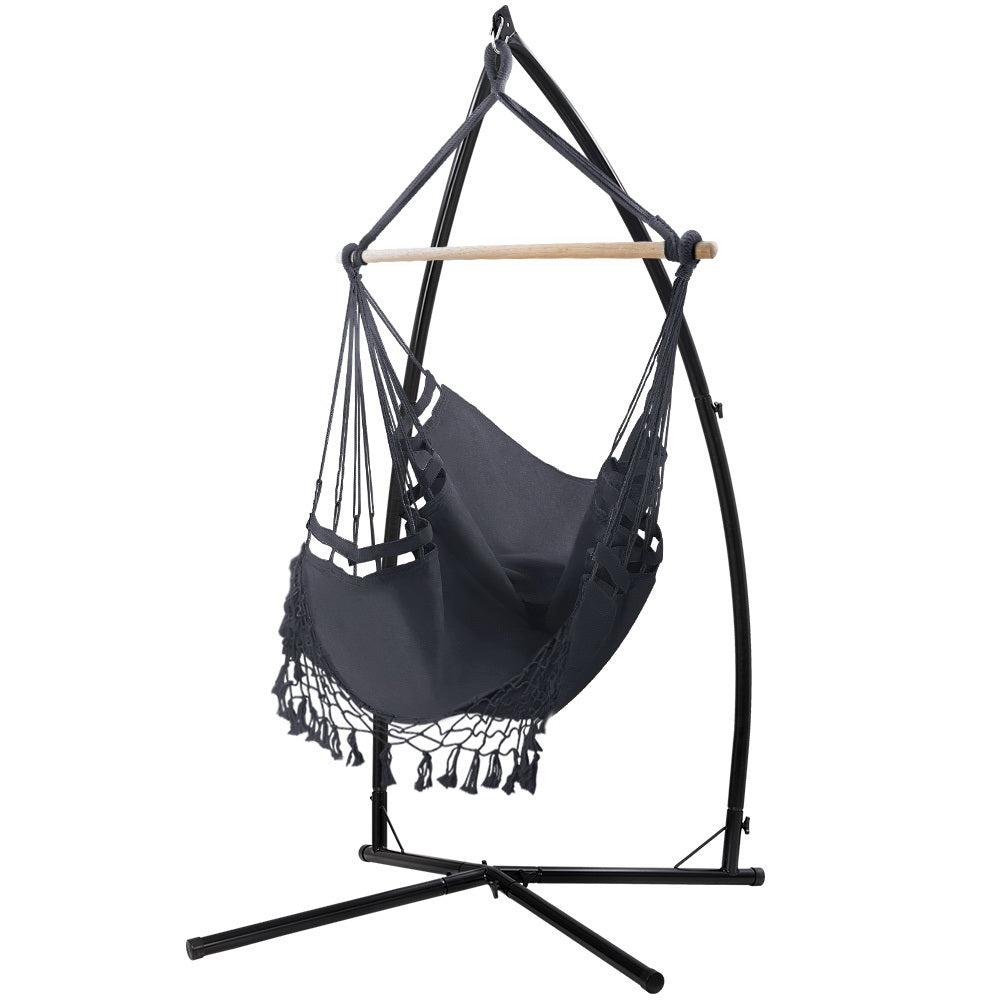 Gardeon Hammock Chair with Stand Tassel Hanging Rope - Grey