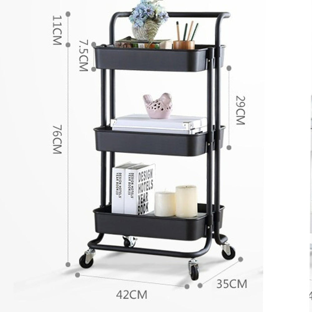 Viviendo 3 Tier Organiser Trolley in Carbon Steel &amp; Plastic with Omnidirectional Wheels and Metal Frame with Handles - Black